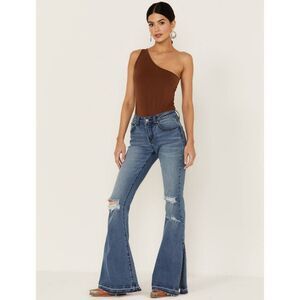 Shyanne Mid Release Hem Side Slit Flare Wide Leg Jeans 29 Western Rodeo Distress